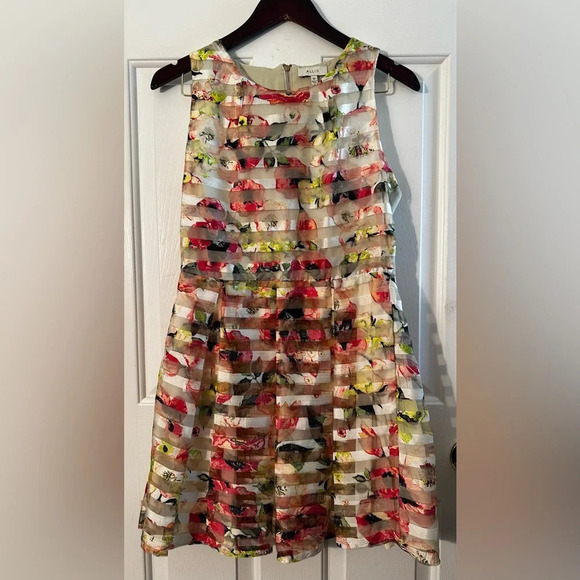 Allik ANTHROPOLOGIE Pastel Water Color Sheer Panel Sheath Midi M Racerback Zip - Picture 1 of 13